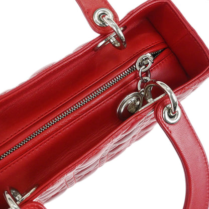 Christian Dior Red Lambskin Medium Lady Dior Cannage 2way Shoulder Handbag