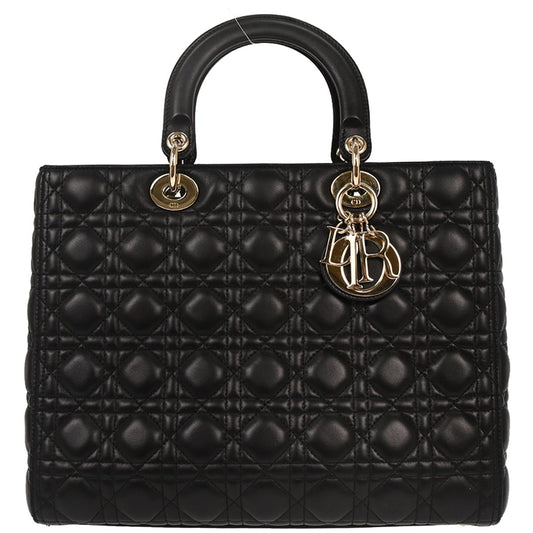 Christian Dior Black Lambskin Large Lady Dior Cannage Handbag