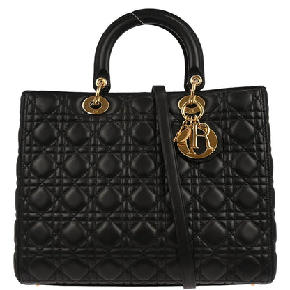 Christian Dior Black Lambskin Large Lady Dior Cannage 2way Shoulder Handbag