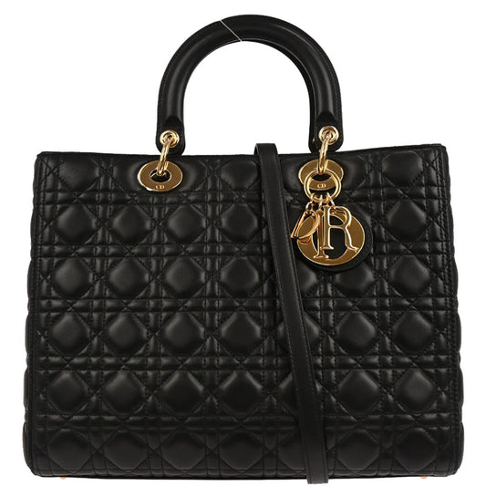 Christian Dior Black Lambskin Large Lady Dior Cannage 2way Shoulder Handbag