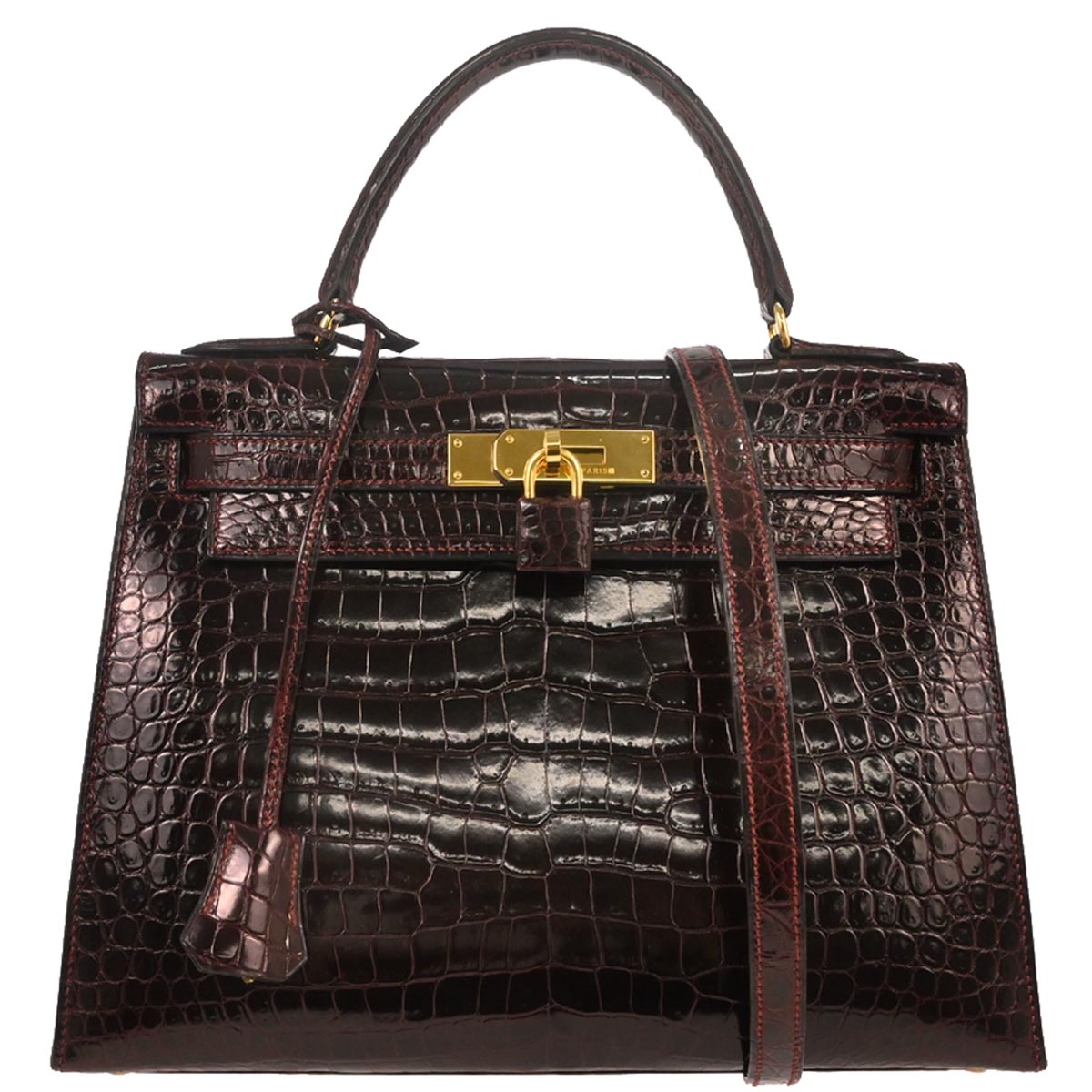 Hermes * Raisin Porosus Kelly 28 Sellier 2way Shoulder Handbag