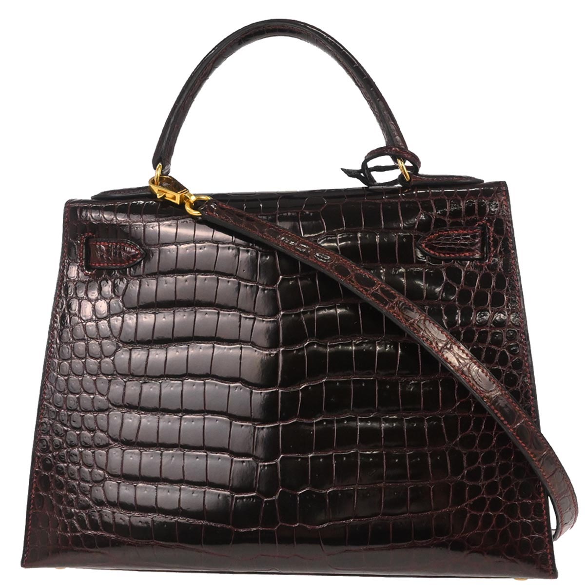 Hermes * Raisin Porosus Kelly 28 Sellier 2way Shoulder Handbag