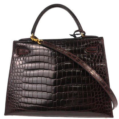 Hermes * Raisin Porosus Kelly 28 Sellier 2way Shoulder Handbag