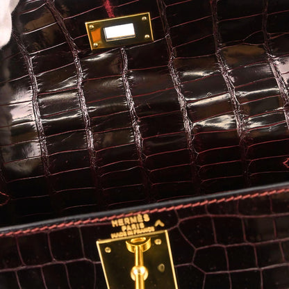 Hermes * Raisin Porosus Kelly 28 Sellier 2way Shoulder Handbag