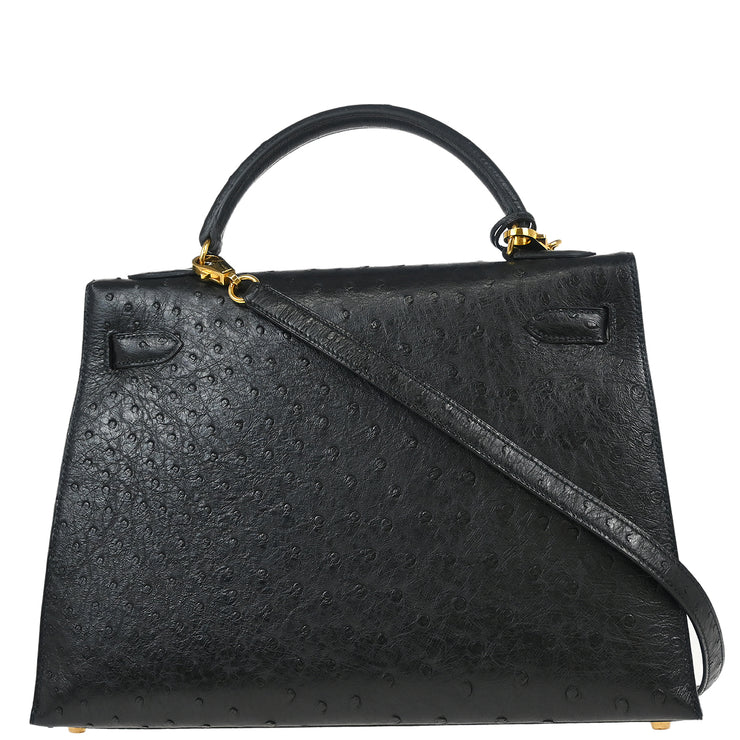 Hermes * 1995 Black Ostrich Kelly 32 Sellier Handbag