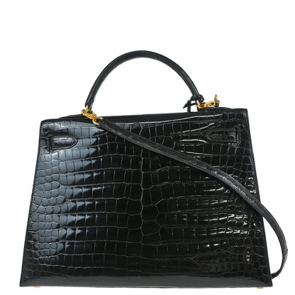 Hermes * 1993 Black Porosus Crocodile Kelly 32 Sellier Handbag