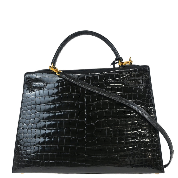 Hermes * 1993 Black Porosus Crocodile Kelly 32 Sellier Handbag