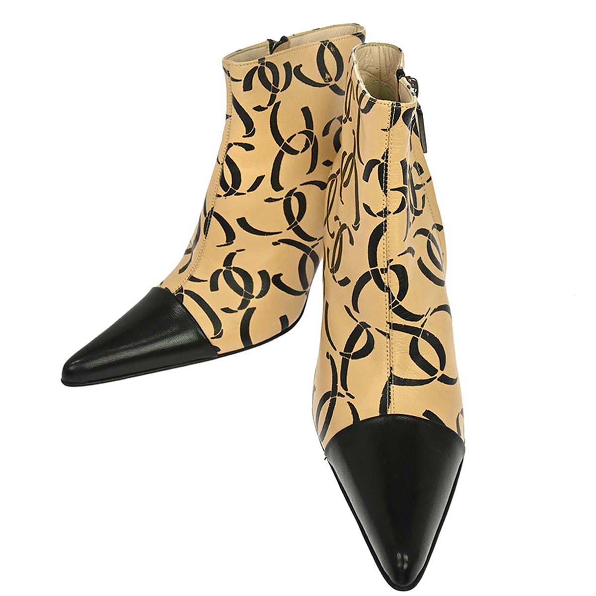 Chanel * Beige Black CC Leather Short Boots Shoes #37