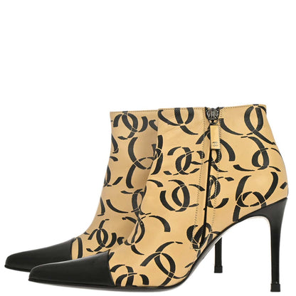 Chanel * Beige Black CC Leather Short Boots Shoes #37