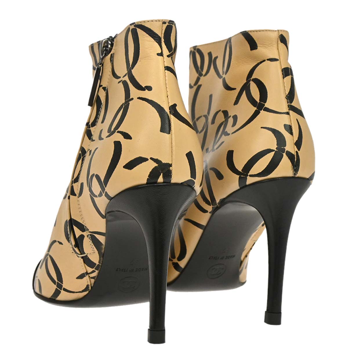 Chanel * Beige Black CC Leather Short Boots Shoes #37