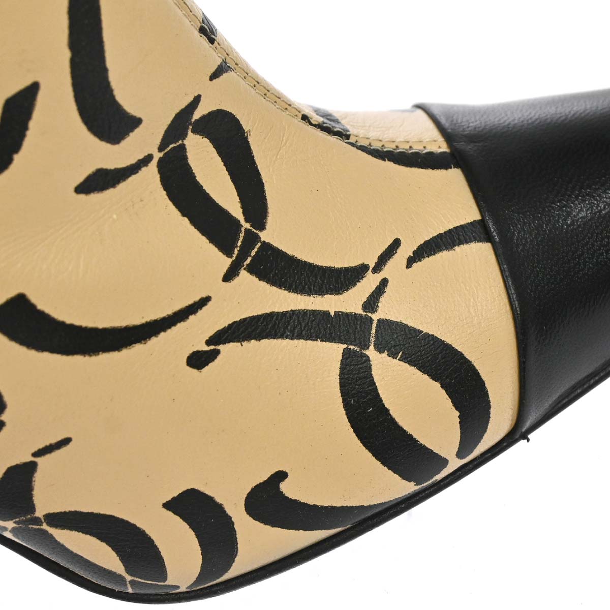 Chanel * Beige Black CC Leather Short Boots Shoes #37