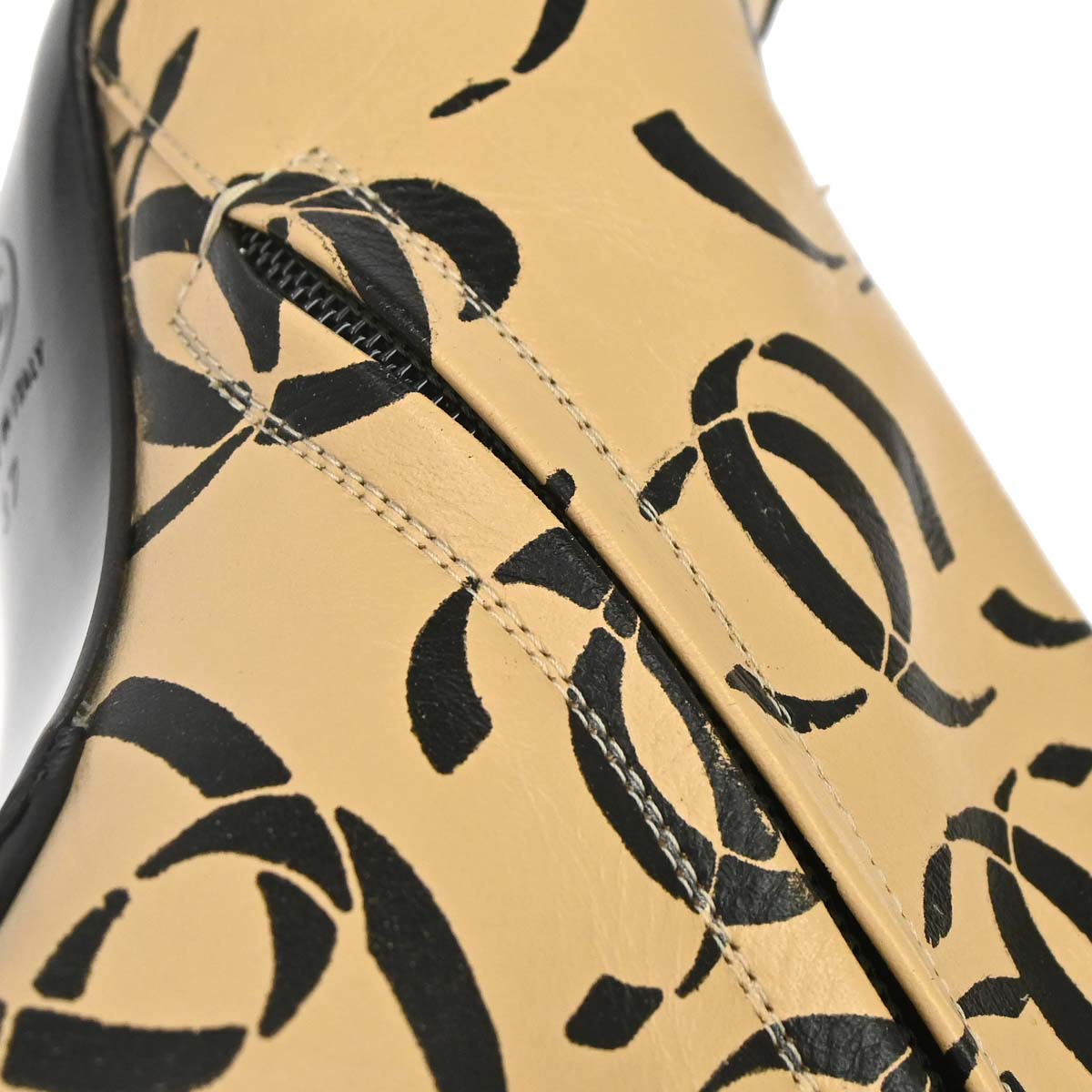 Chanel * Beige Black CC Leather Short Boots Shoes #37