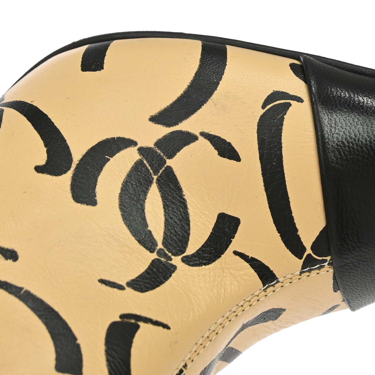 Chanel * Beige Black CC Leather Short Boots Shoes #37