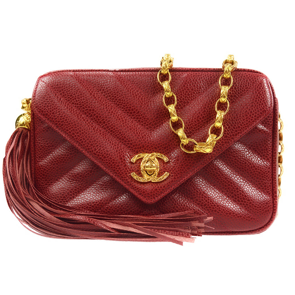 Vintage CHANEL Red Caviarskin V Stitch Chevron Style Chain 