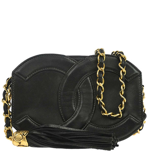 Chanel 1989-1991 Black Lambskin Jumbo CC Tassel Single Chain Shoulder Bag