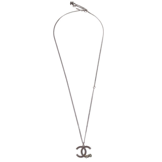 Chanel CC Chain Pendant Necklace Silver Rhinestone 10A