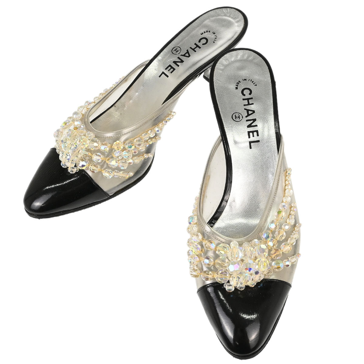 Chanel * Black Clear PVC Patent Leather Beads Mules Shoes #40