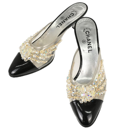Chanel * Black Clear PVC Patent Leather Beads Mules Shoes #40