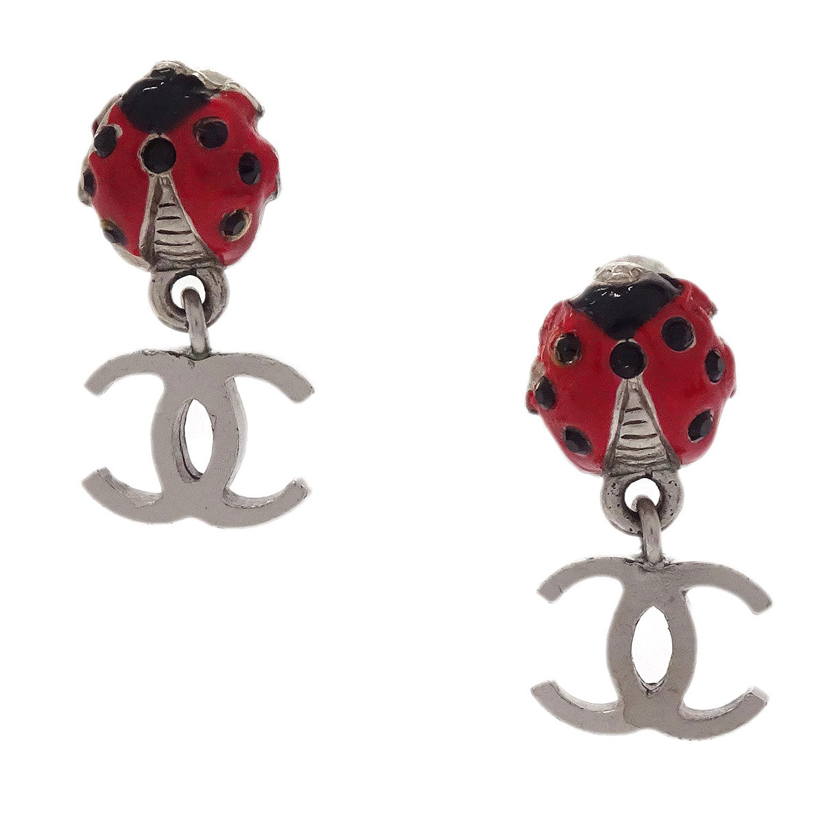 Chanel Dangle CC Ladybug Pierced Earrings Silver Rhinestone 04P