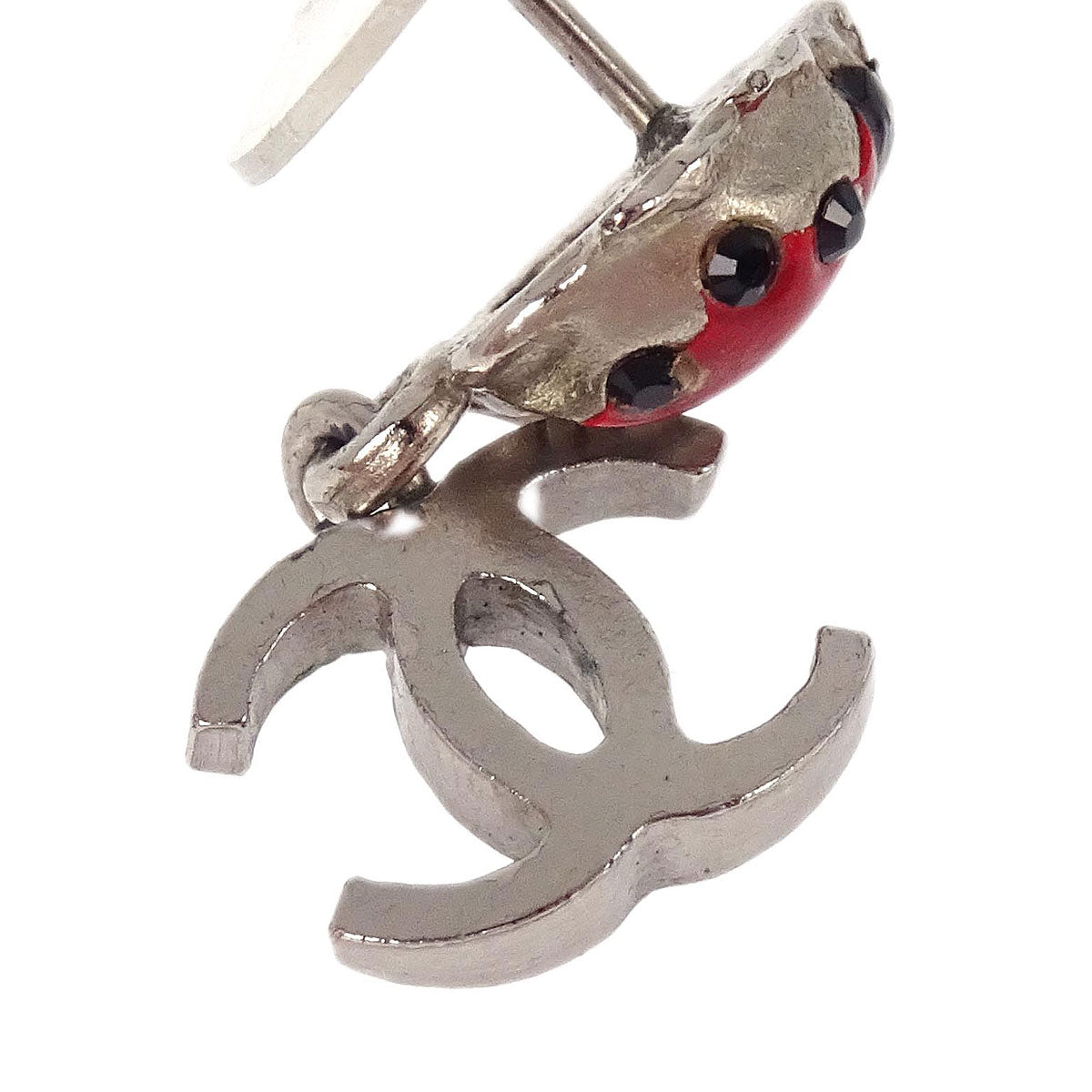 Chanel Dangle CC Ladybug Pierced Earrings Silver Rhinestone 04P