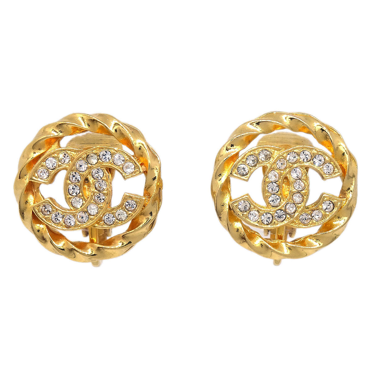 Chanel Gold Button Clip-On Earrings Rhinestone 2137