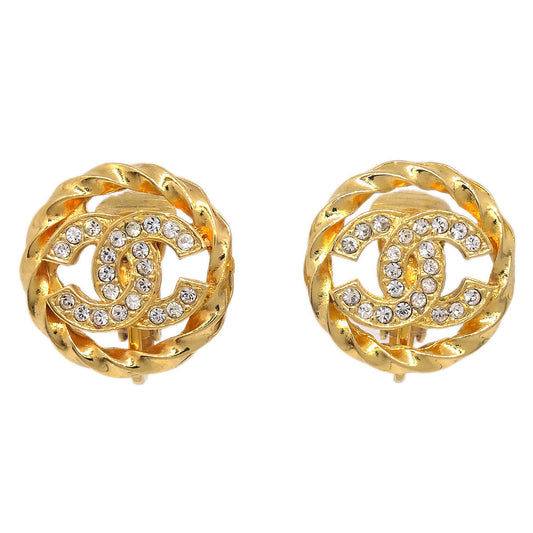 Chanel Gold Button Clip-On Earrings Rhinestone 2137