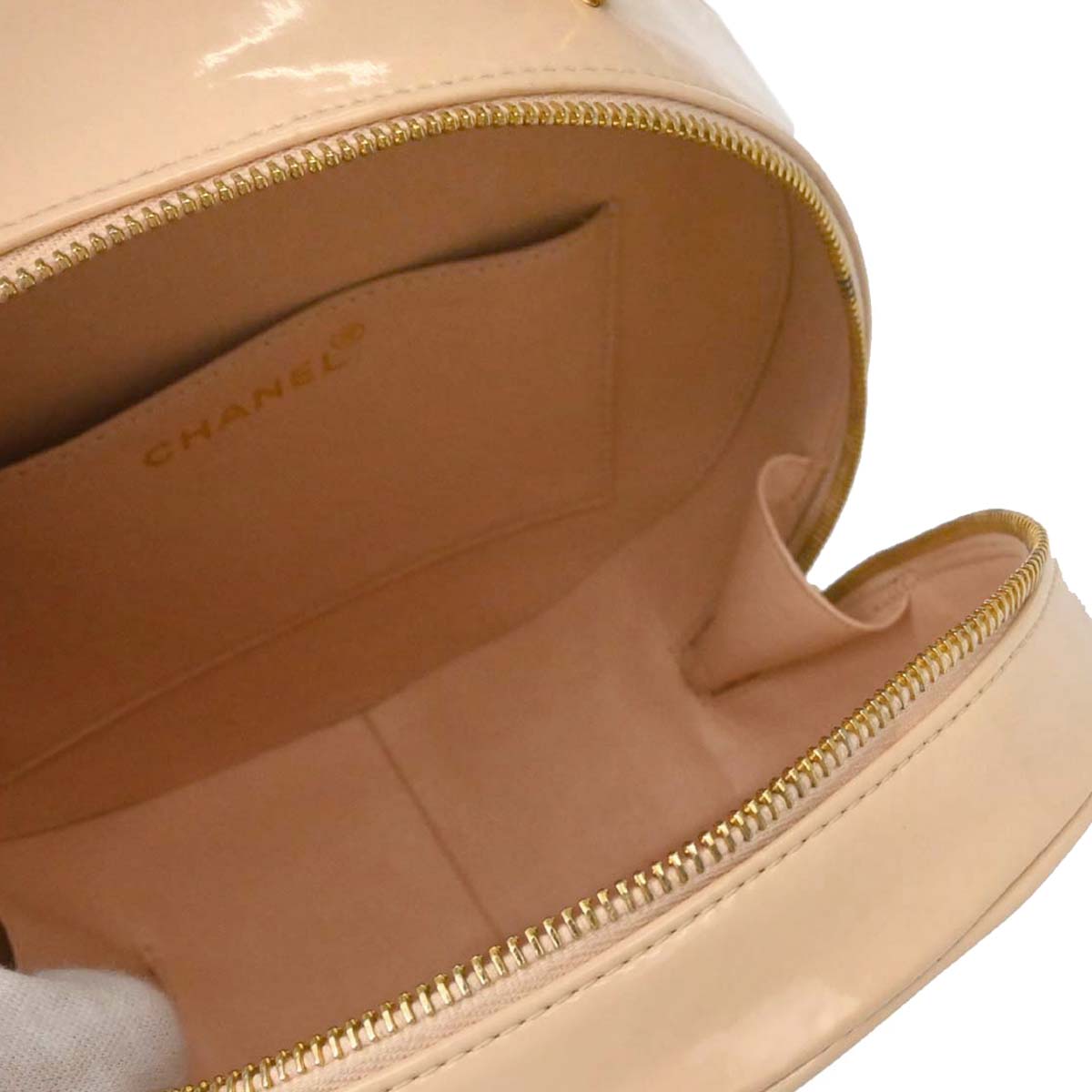 Chanel Beige Patent Leather Round Vanity Handbag