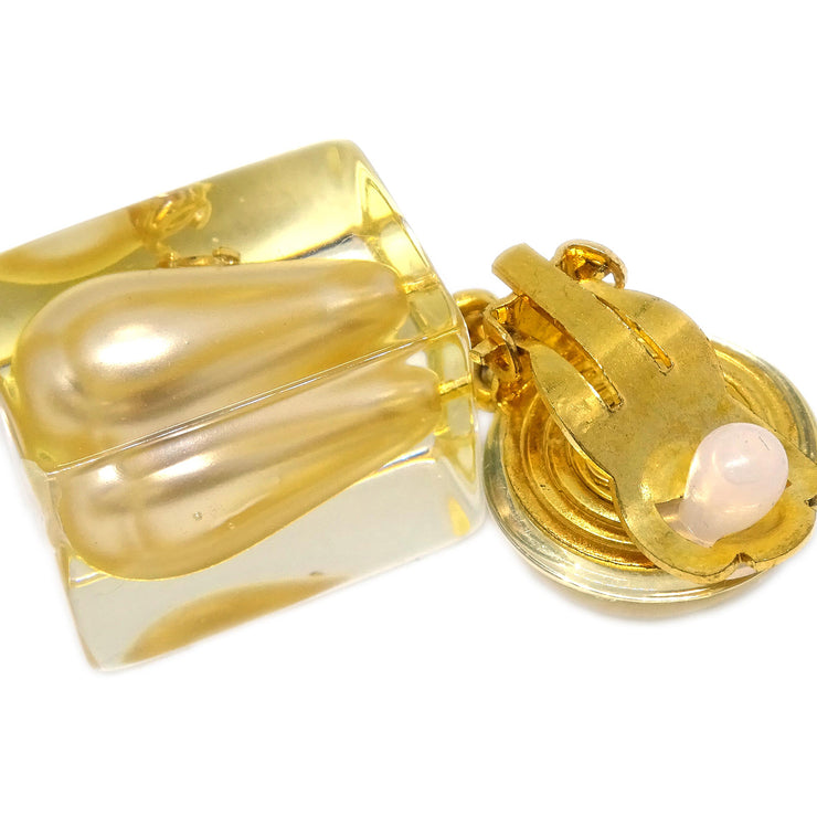 CHANEL * 1997 Faux Teardrop Pearl Dangle Earrings Clip-On Gold