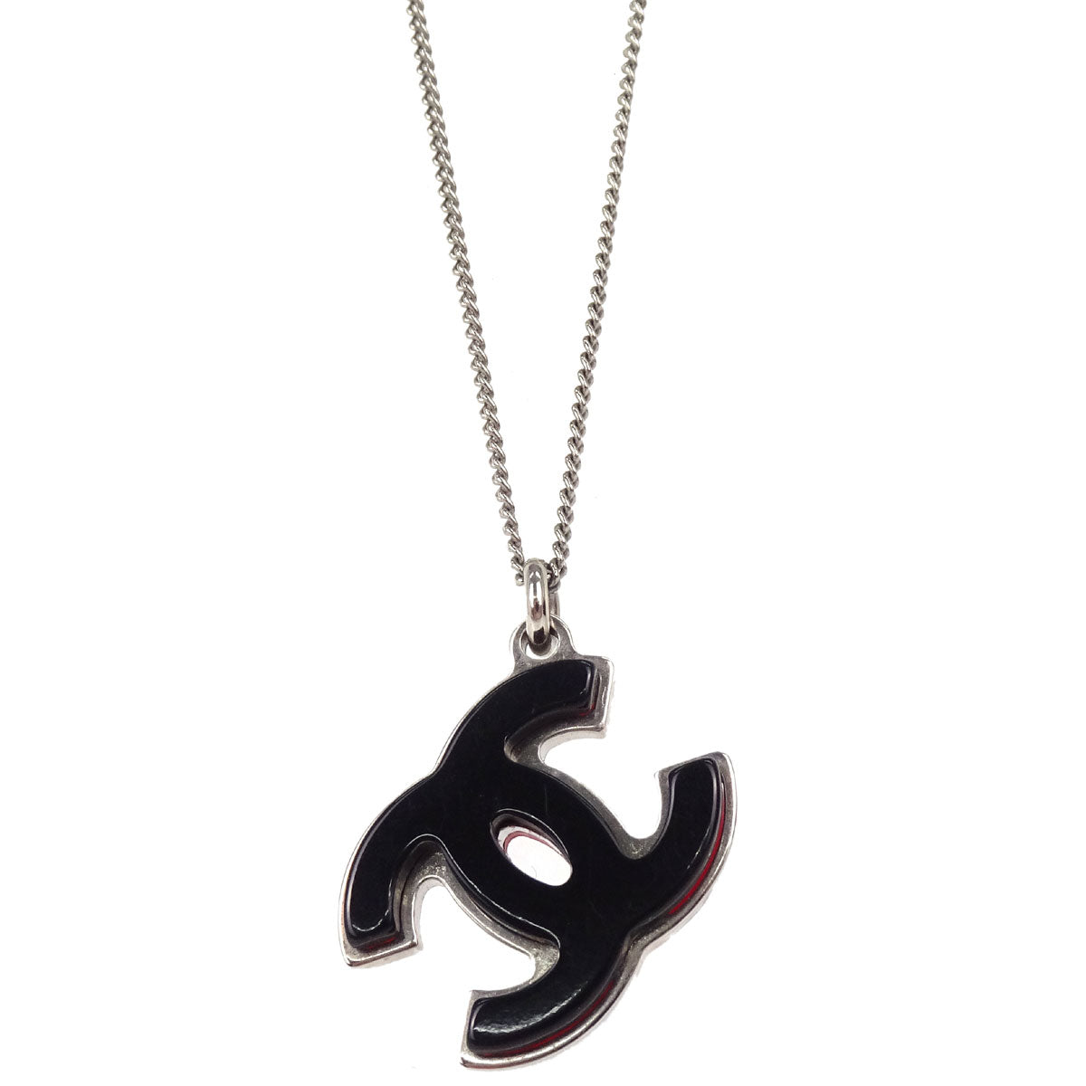 Chanel CC Chain Pendant Necklace Acrylic Silver Red Black 05P