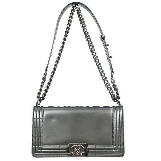 Boy Chanel 2012 Gray Patent Leather Medium Shoulder Bag
