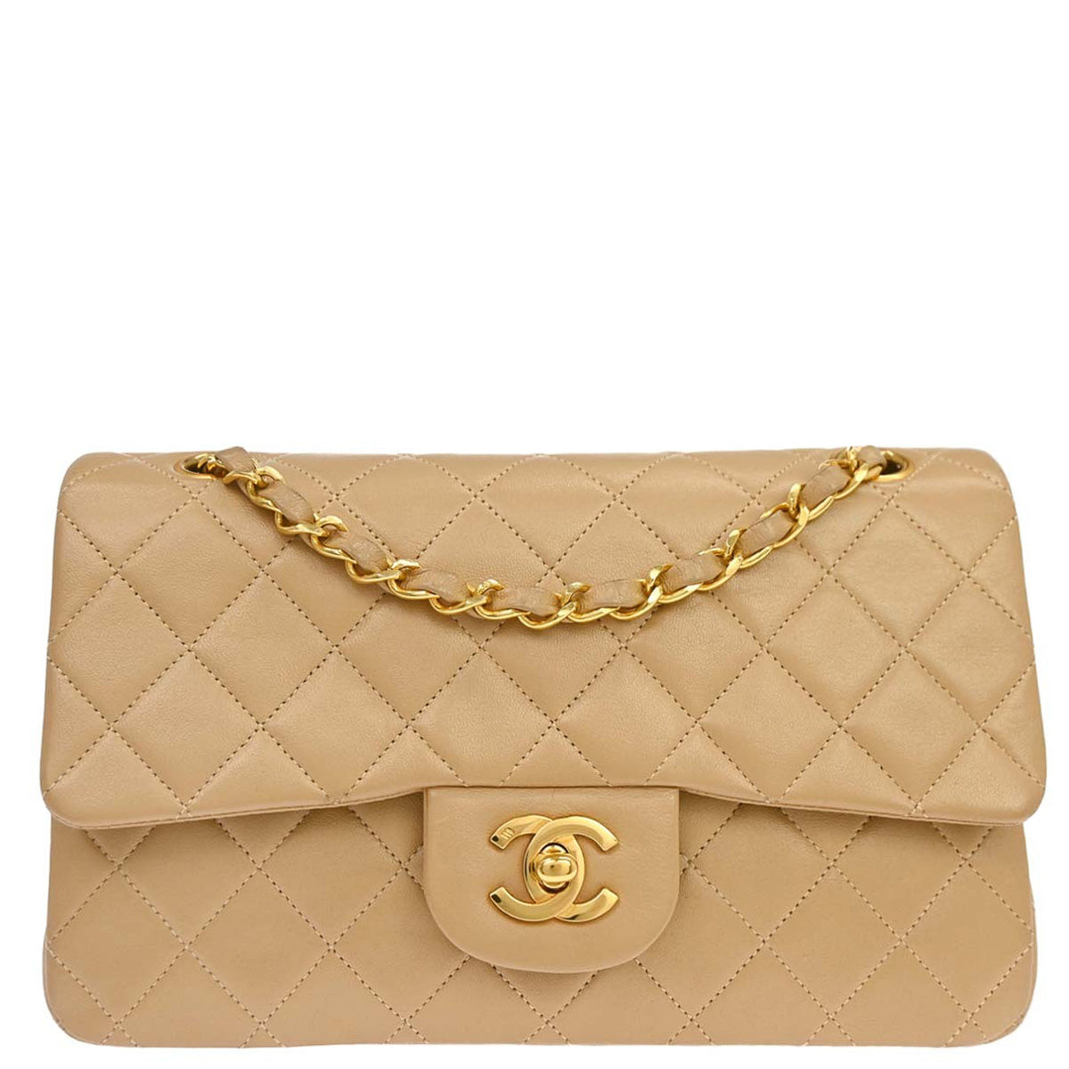 Chanel 1989-1991 Beige Lambskin Small Classic Double Flap Shoulder Bag