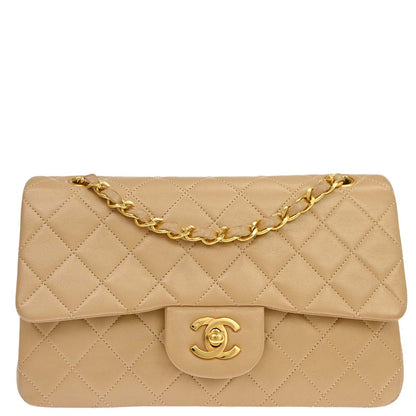 Chanel 1989-1991 Beige Lambskin Small Classic Double Flap Shoulder Bag