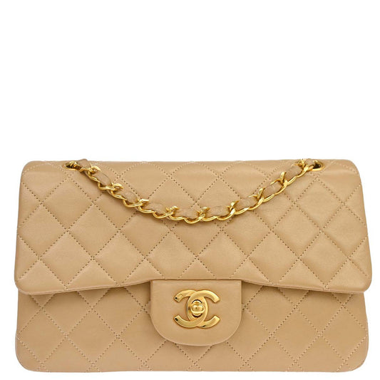 Chanel 1989-1991 Beige Lambskin Small Classic Double Flap Shoulder Bag