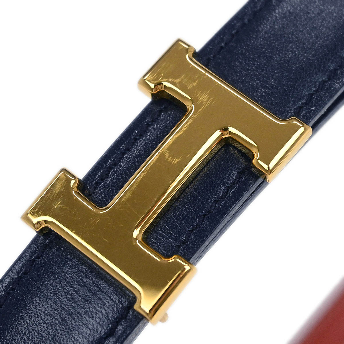 Hermes 1997 Navy Box Calf Constance Reversible Belt #80 Small Good