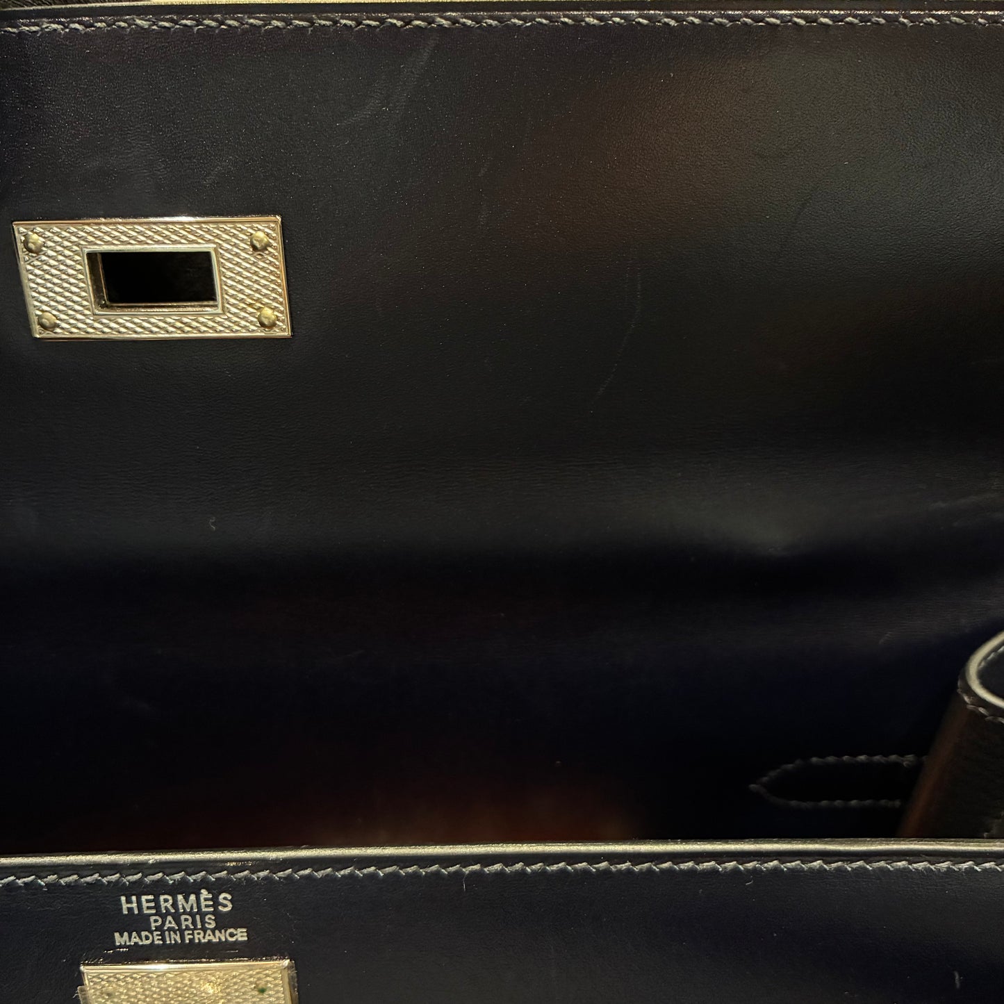 Hermes 2003 Navy Box Calf Kelly 32 Guilloche Sellier 2way Shoulder Handbag