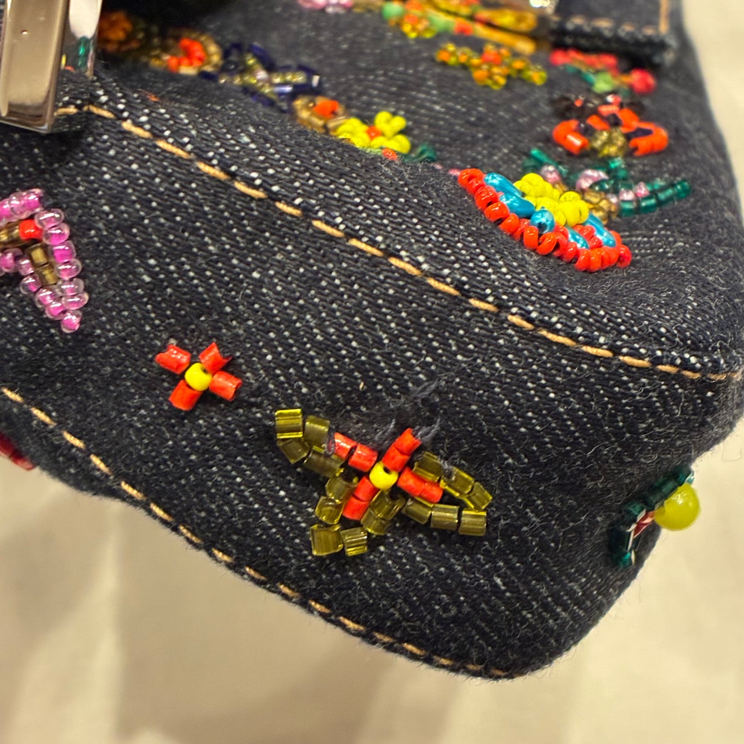 Fendi Navy Denim Beaded Baguette Handbag