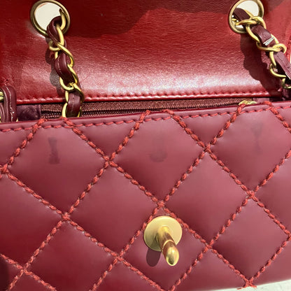 Chanel 2003-2004 Red Calfskin Wild Stitch Mini Classic Square Flap Bag