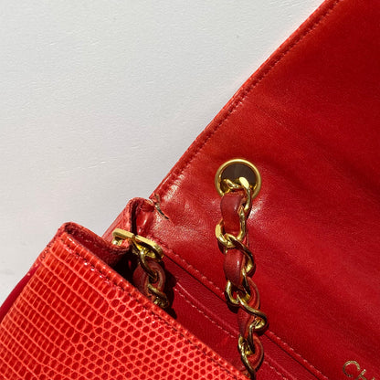 Chanel 1989-1991 Red Lizard Pointed Flap Bag Mini