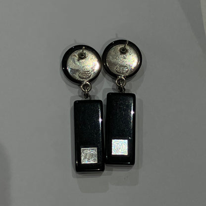 Chanel Piercing Dangle Earrings Silver Black 01P