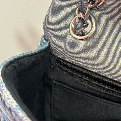 Chanel 2015-2016 Blue Tweed Patchwork Single Flap Shoulder Bag