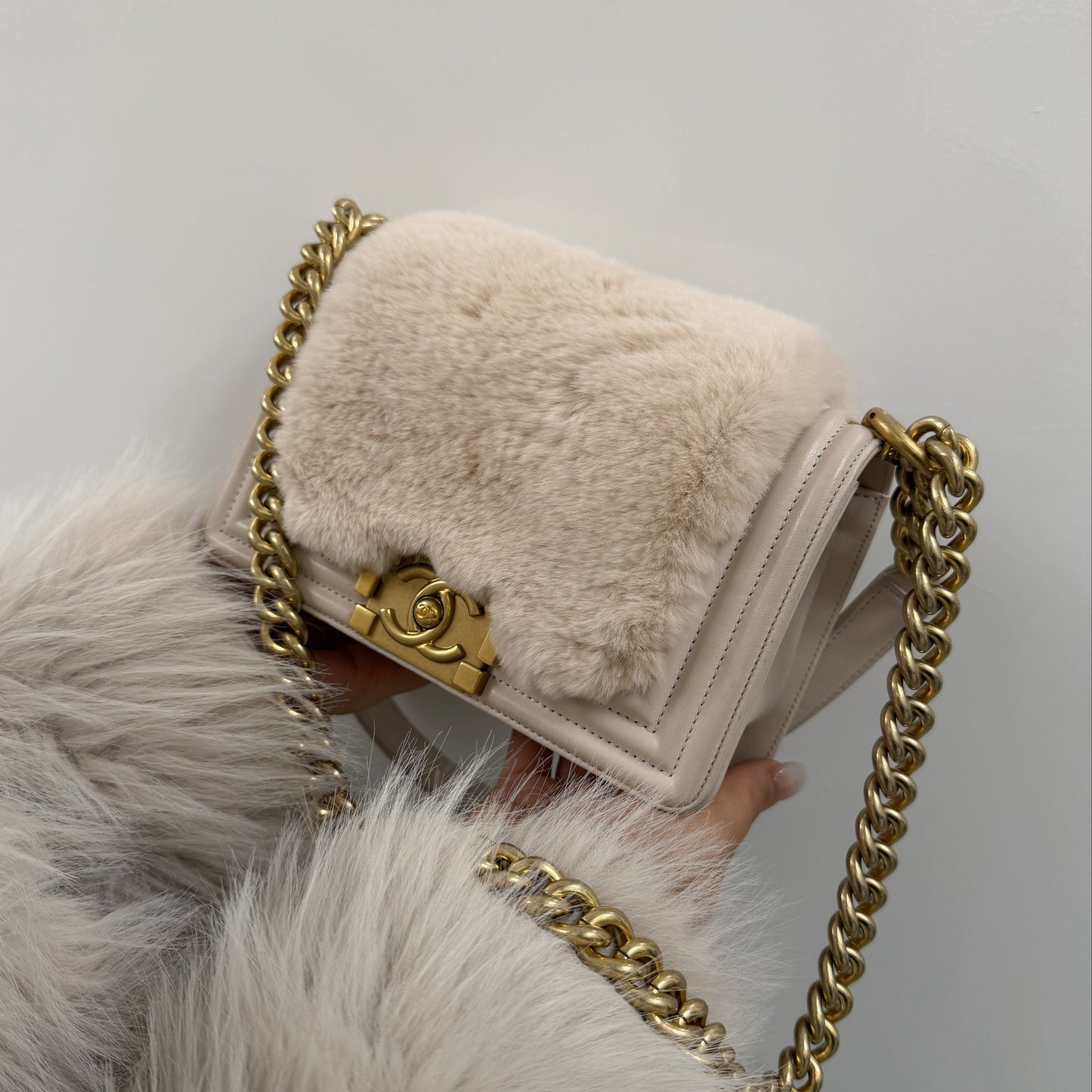 Boy Chanel 2017 Light Pink Fur Lambskin Small Chain Shoulder Bag
