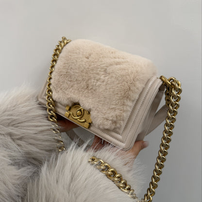 Boy Chanel 2017 Light Pink Fur Lambskin Small Chain Shoulder Bag