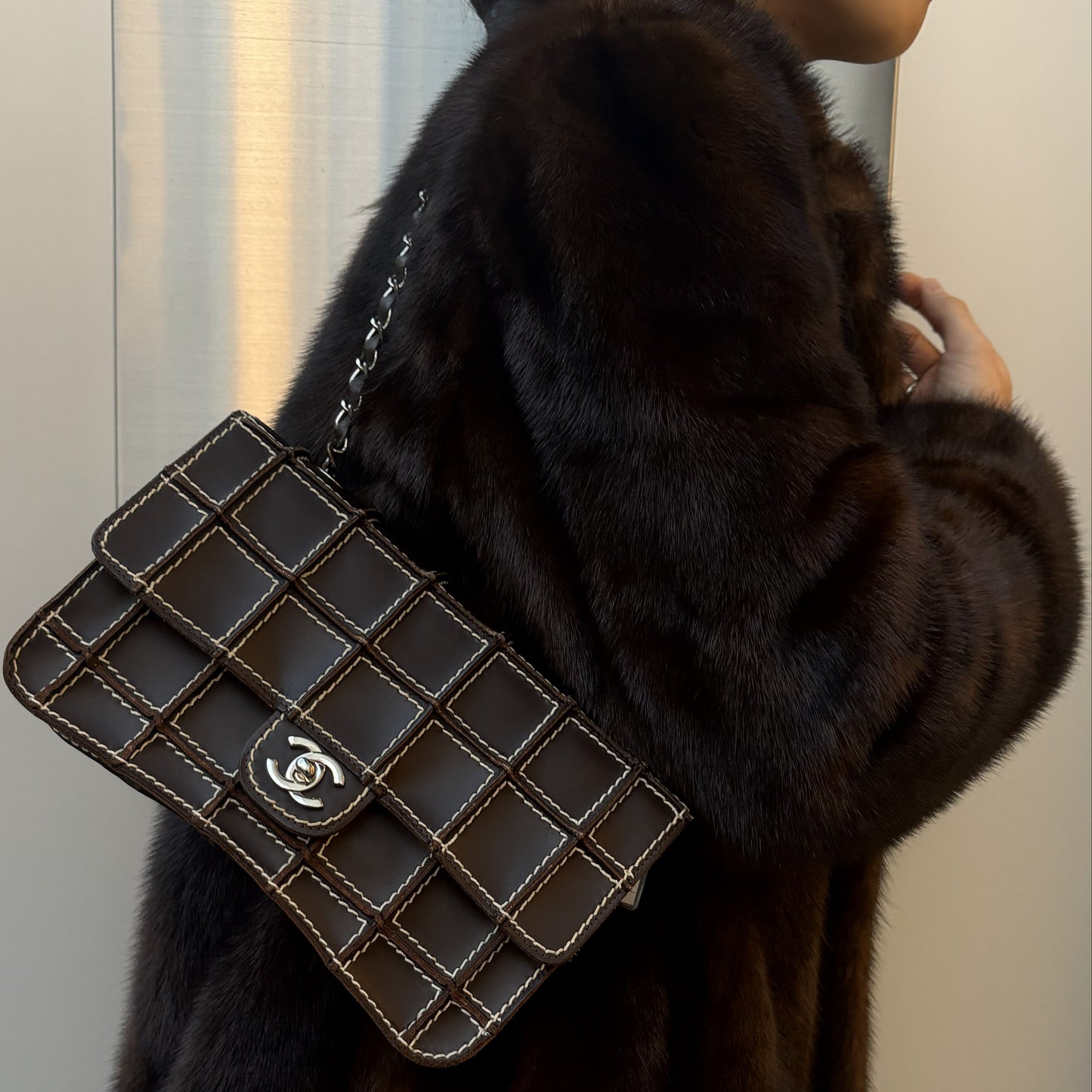 Chanel 2001-2003 Calfskin Wild Stitch Choco Bar Waffle Shoulder Bag