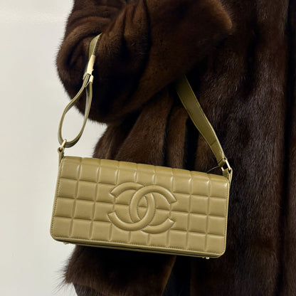 Chanel 2003-2004 Olive Lambskin Choco Bar Shoulder Bag