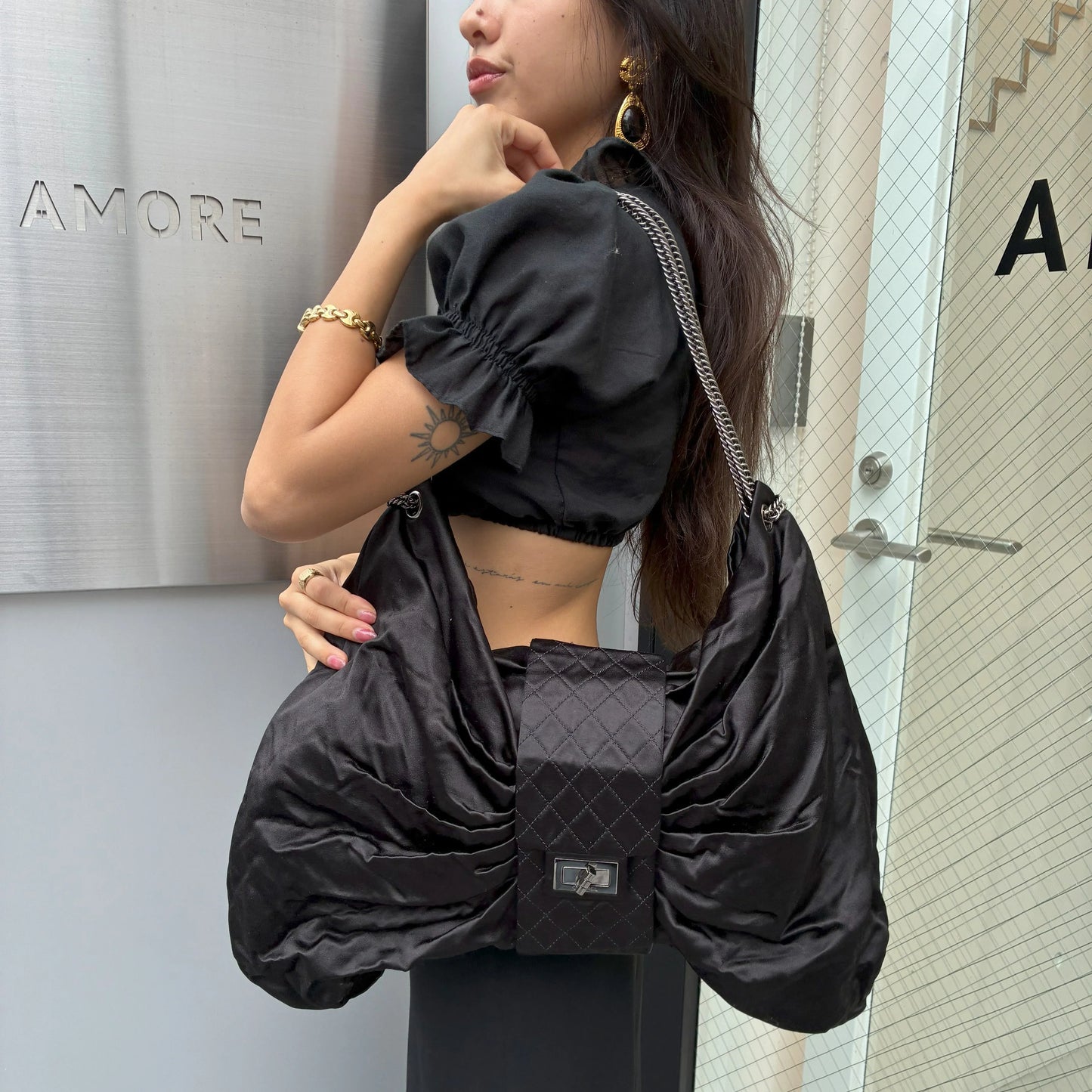 Chanel Black 2008-2009 Satin Mademoiselle Lock Bow Shoulder Bag