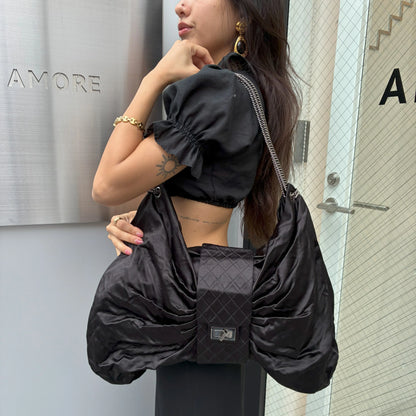 Chanel Black 2008-2009 Satin Mademoiselle Lock Bow Shoulder Bag