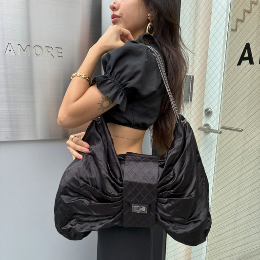 Chanel Black 2008-2009 Satin Mademoiselle Lock Bow Shoulder Bag