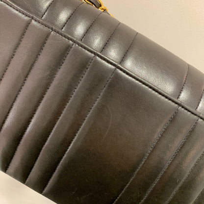 Chanel 1991-1994 Black Lambskin Vertical Stitch Single Flap Shoulder Bag
