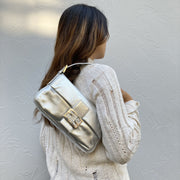 Fendi Metallic Silver Leather Baguette Handbag