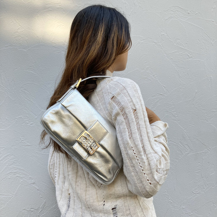 Fendi Metallic Silver Leather Baguette Handbag